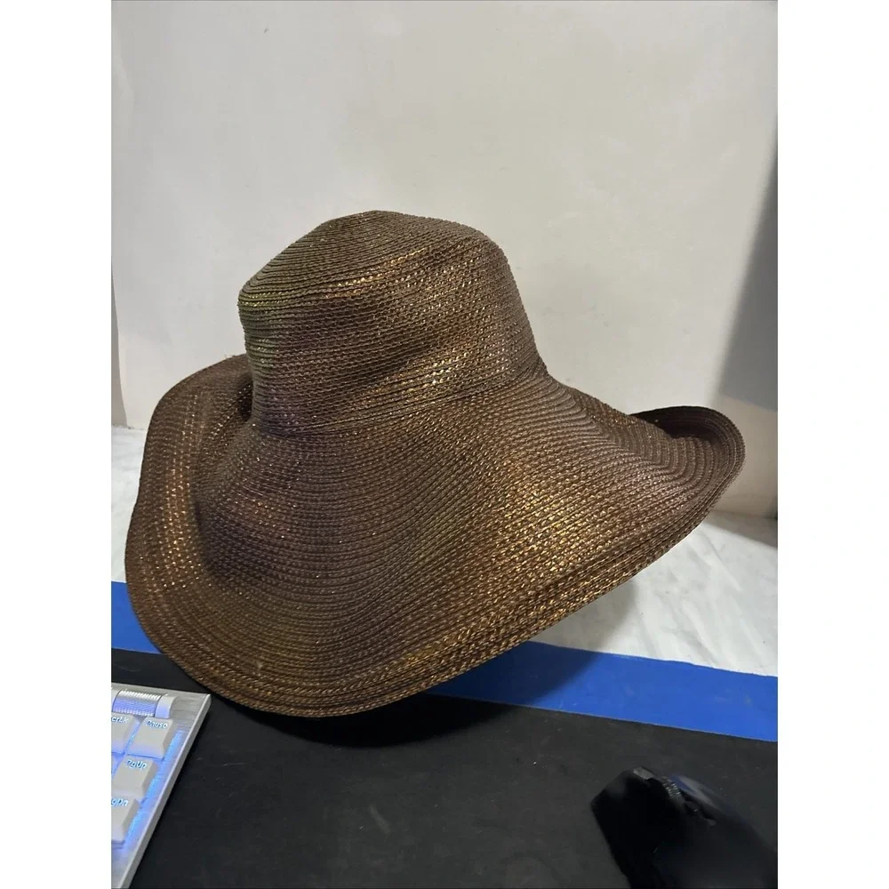 Kokin New York Brown Tan Wide Brim Woven Straw Sun Hat Shiny Hat 56cm, 22